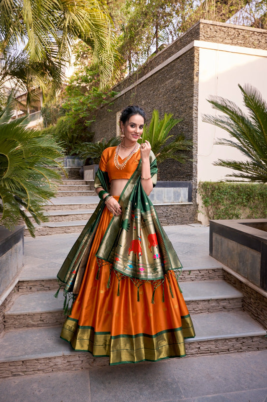 Orange color vichitra silk lehenga choli for wedding
