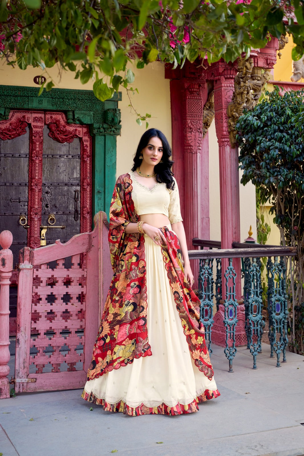 Off white color vichitra silk lehenga choli with online shopping