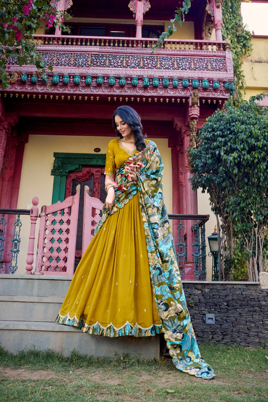 Mustard color vichitra silk lehenga choli for wedding