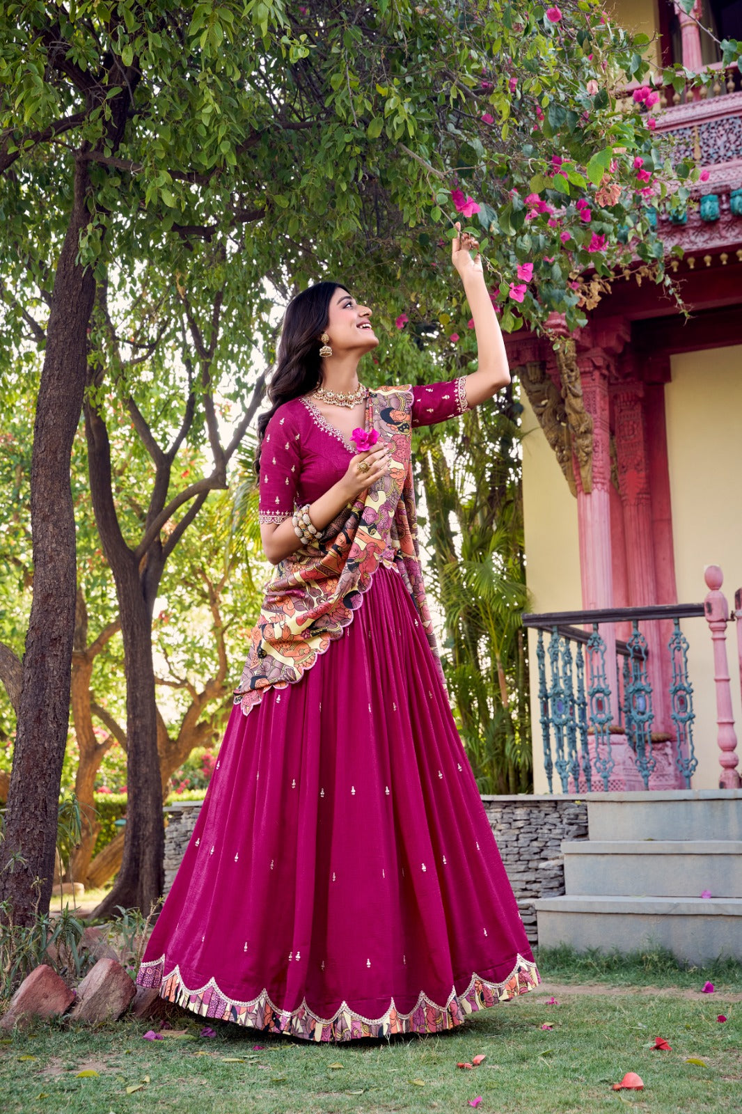 Pink color vichitra silk printed lehenga choli