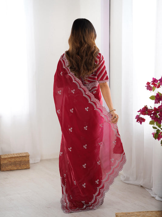 Red color jimmy chu saree with blouse