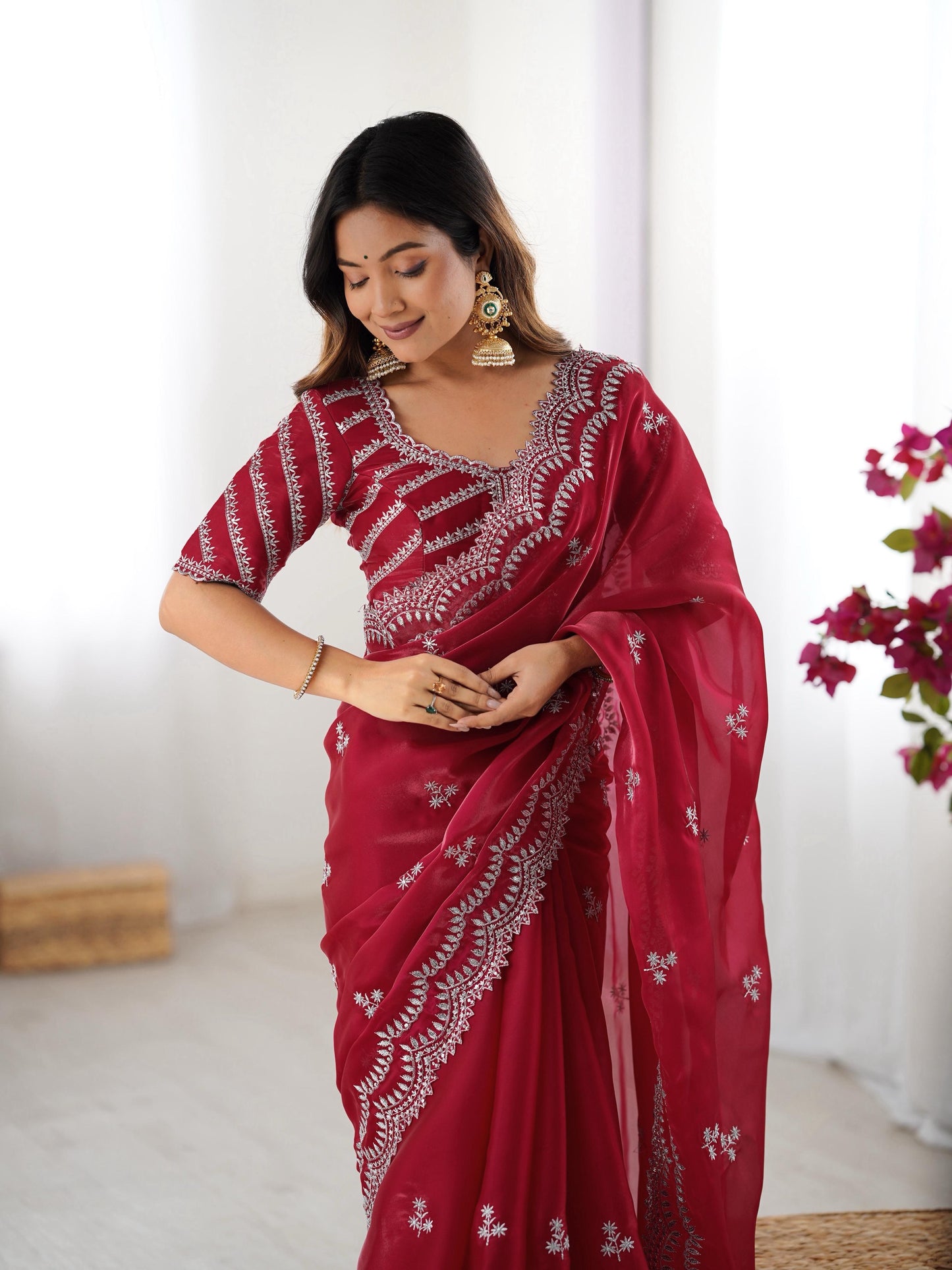 Red color jimmy chu saree with blouse online