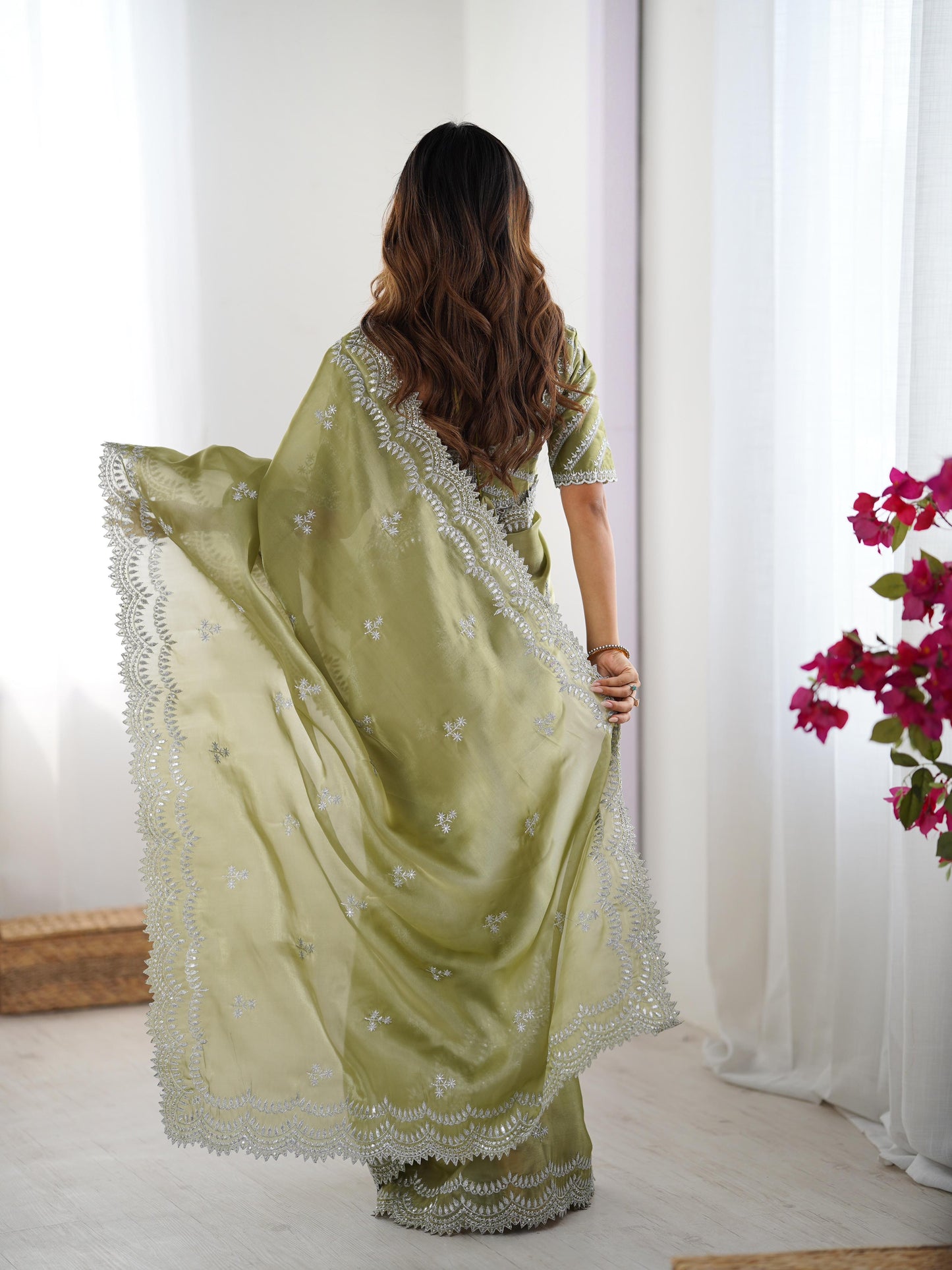 Green color jimmy chu saree for party