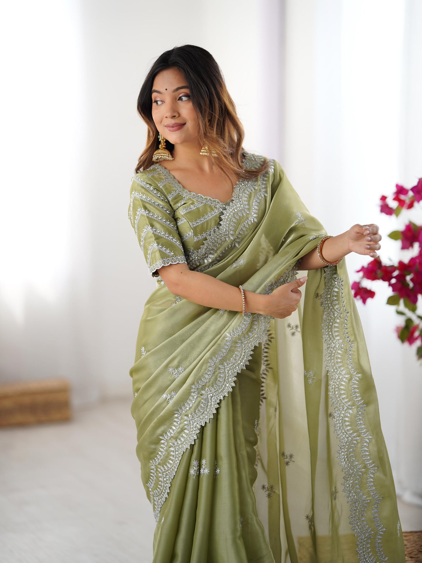 Green color jimmy chu saree with blouse online