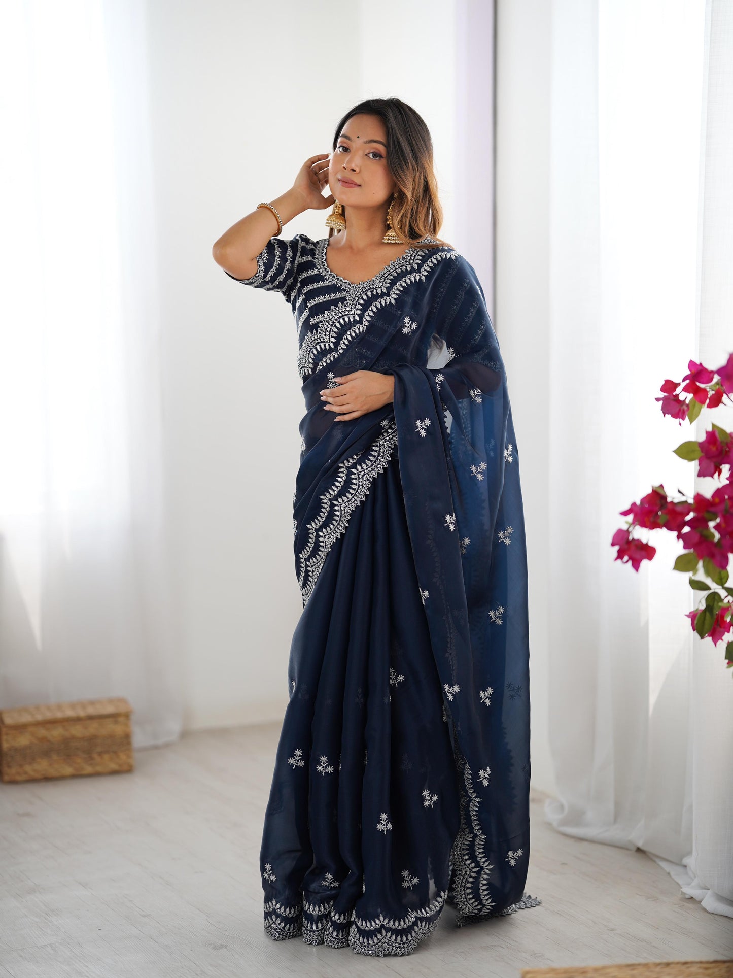 Navy blue color jimmy choo saree with blouse online