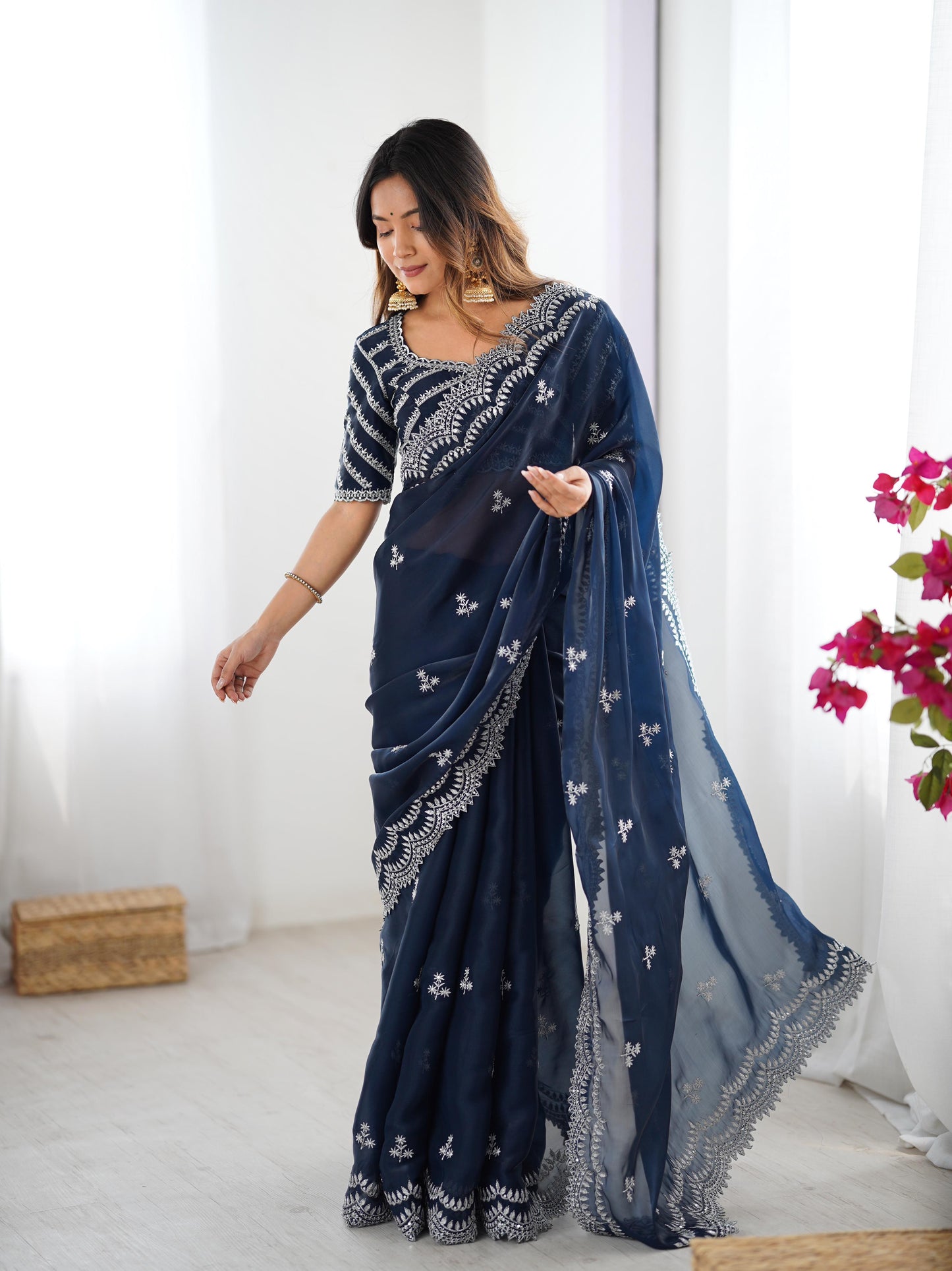 Navy blue color jimmy choo saree with blouse price