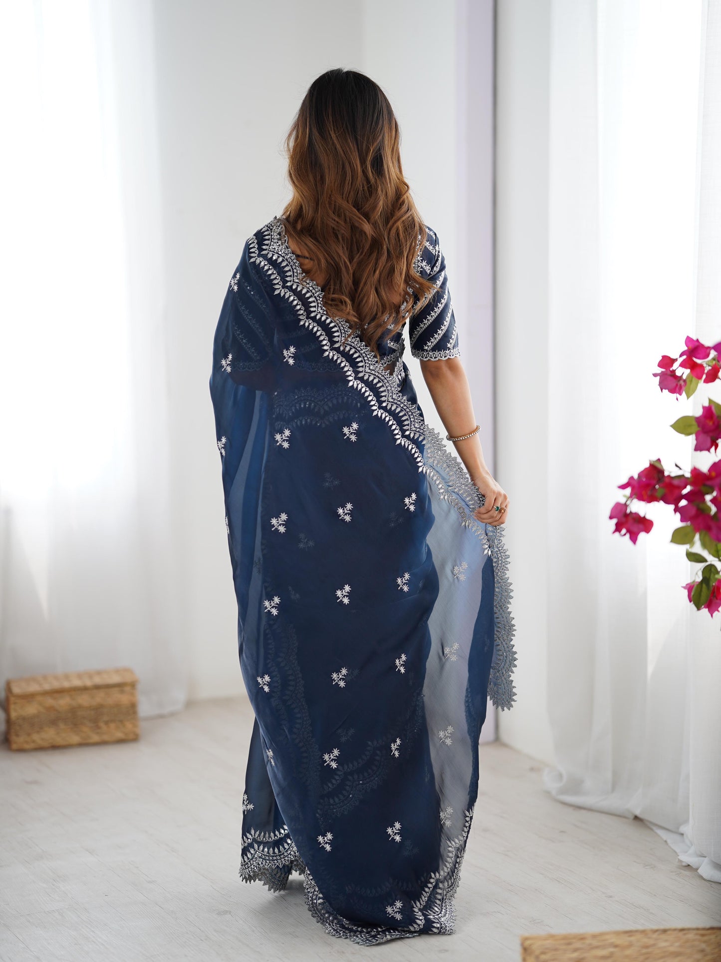 Navy blue color jimmy choo saree with blouse online shopping