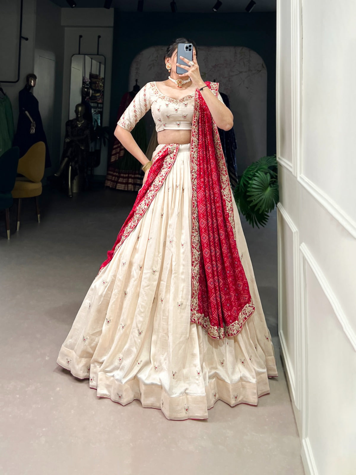Off white color vichitra silk lehenga choli for women