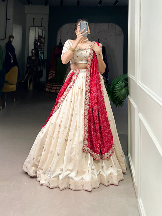 Off white color vichitra silk lehenga choli with dupatta online