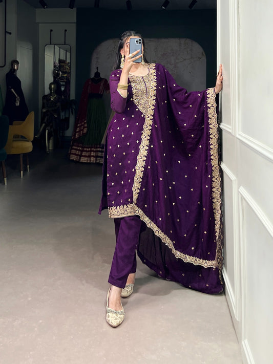 Purple color vichitra silk salwar suit for wedding