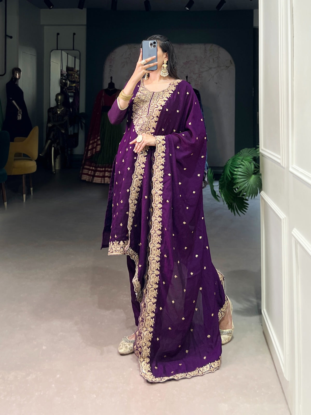 Purple color vichitra silk salwar suit with online shopping