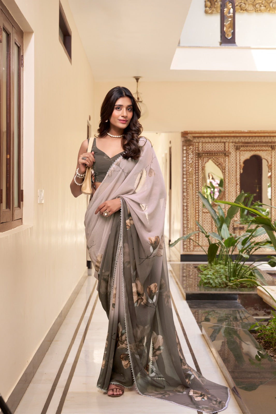 Grey color weightless marbal saree for women