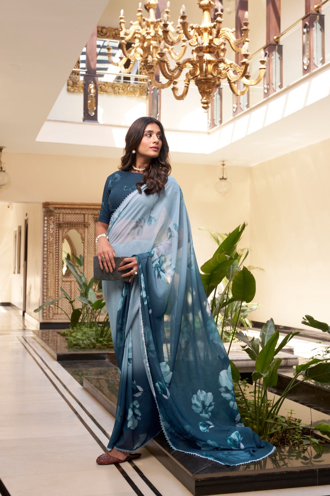 Rama color weightless marbal saree with blouse online