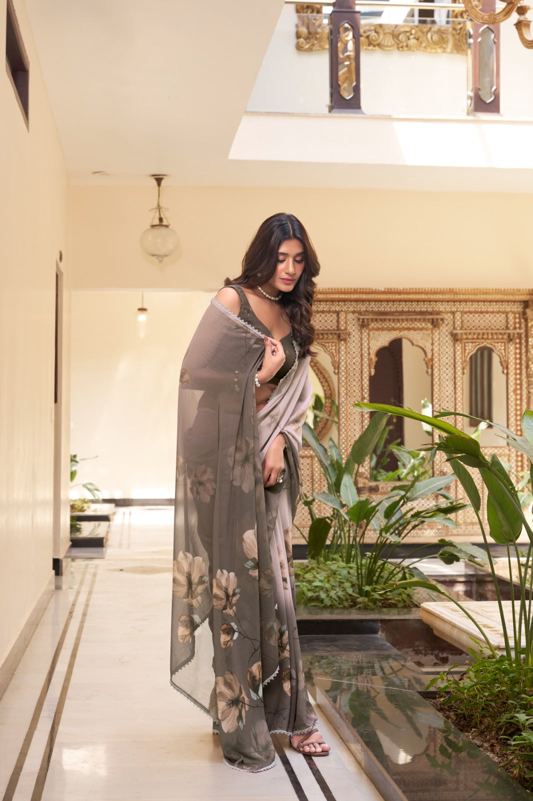 Grey color weightless marbal saree for wedding