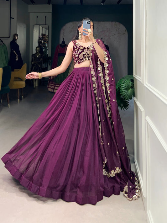 Wine color organza lehenga choli for women with images