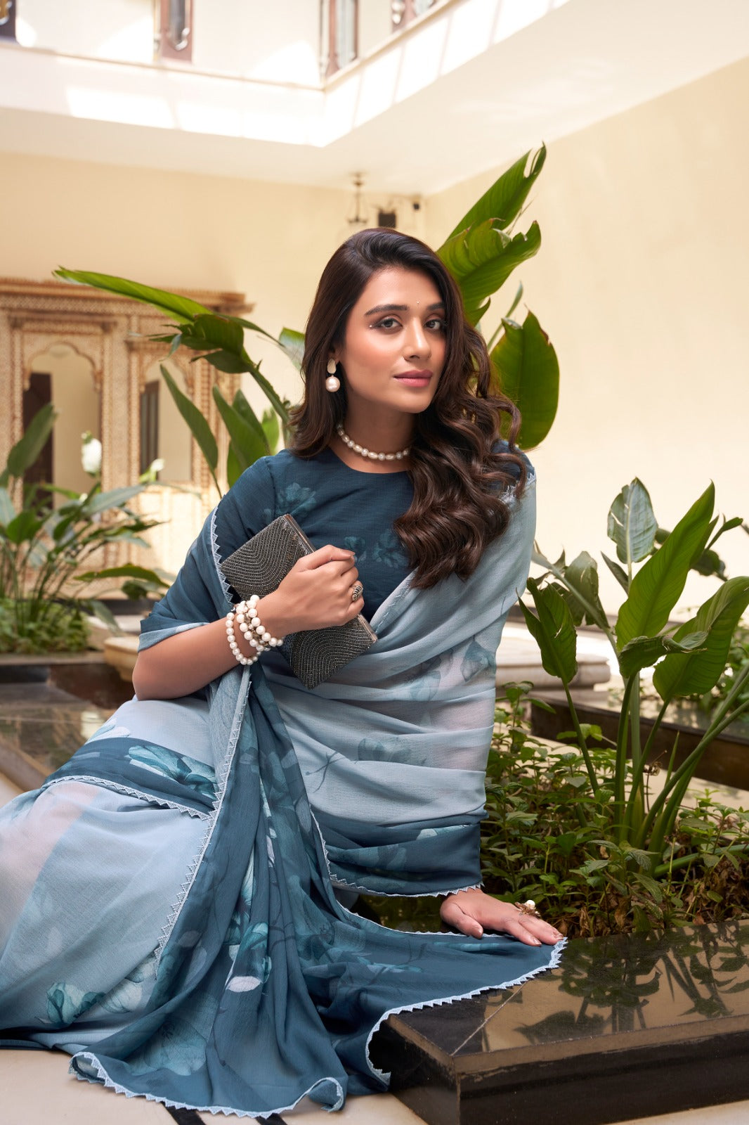 Rama color weightless marbal saree with blouse online shopping