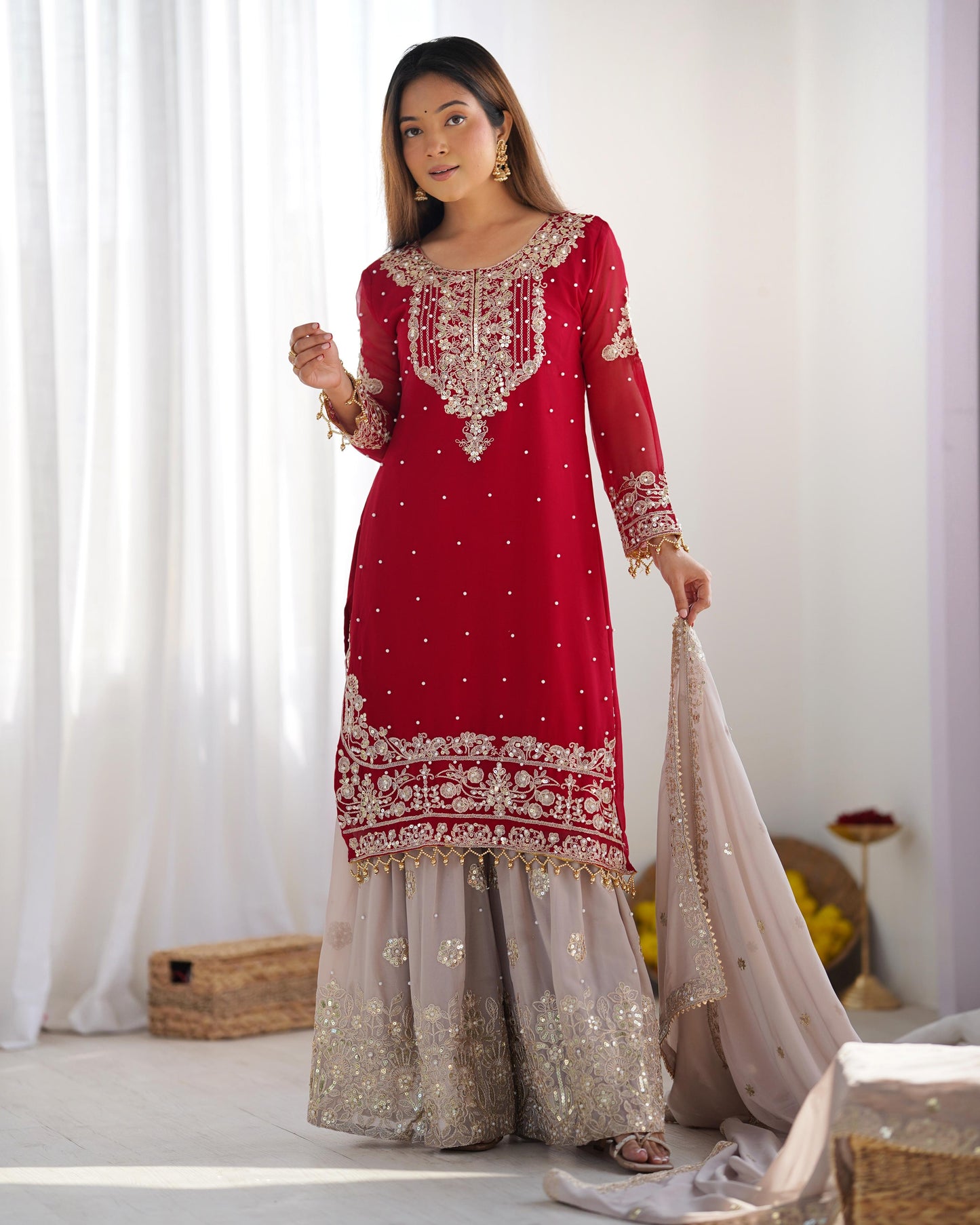 Red color georgette sharara suit for women