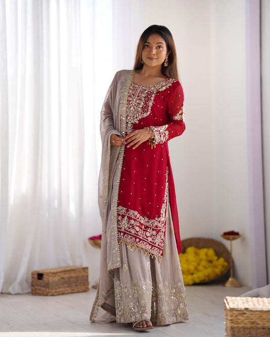 Red color georgette sharara suit for wedding