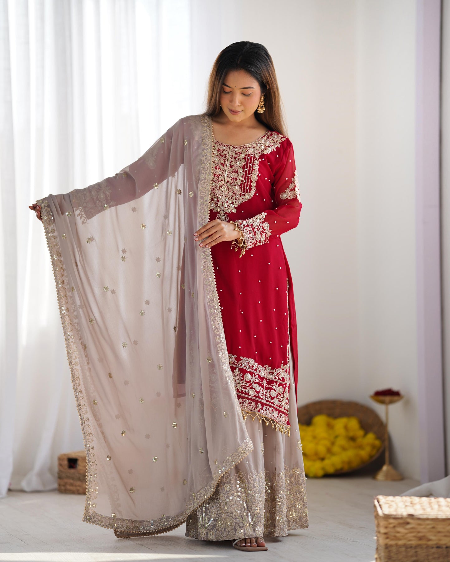 Red color georgette sharara suit with dupatta price
