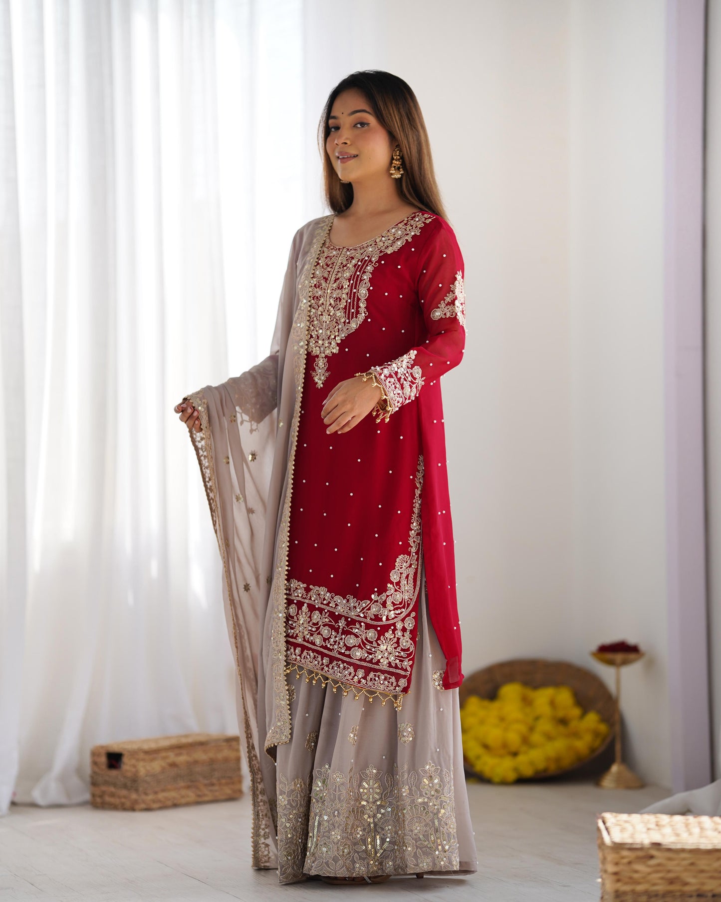 Red color georgette sharara suit with dupatta