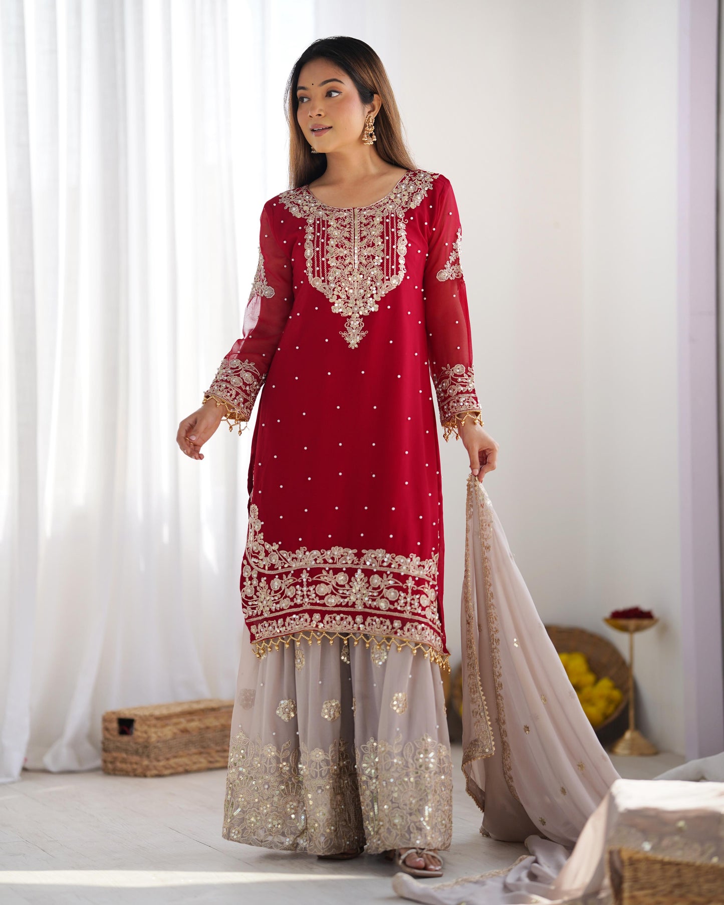 Red color georgette sharara suit with dupatta online shopping