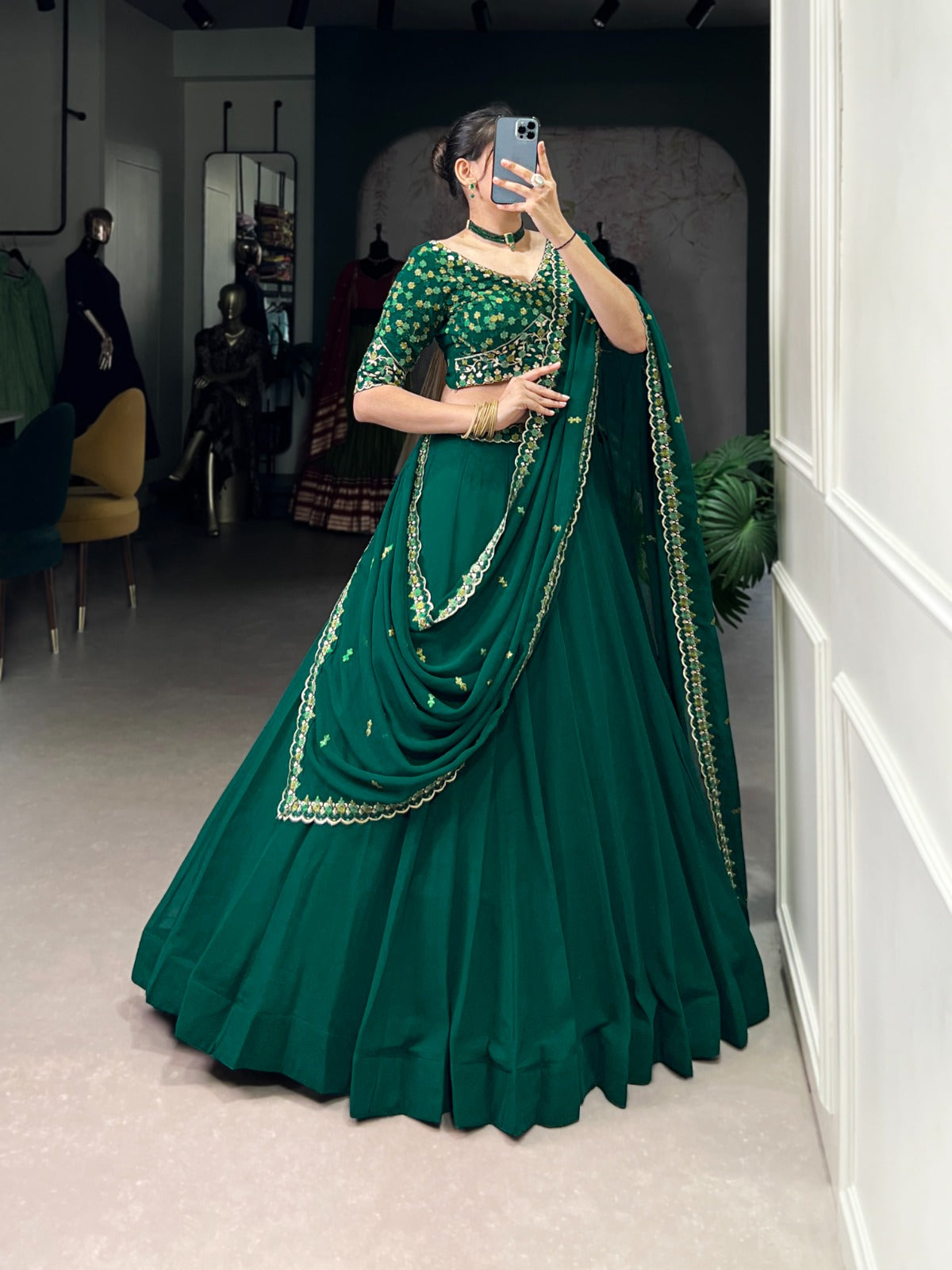 Green color georgette lehenga choli with dupatta