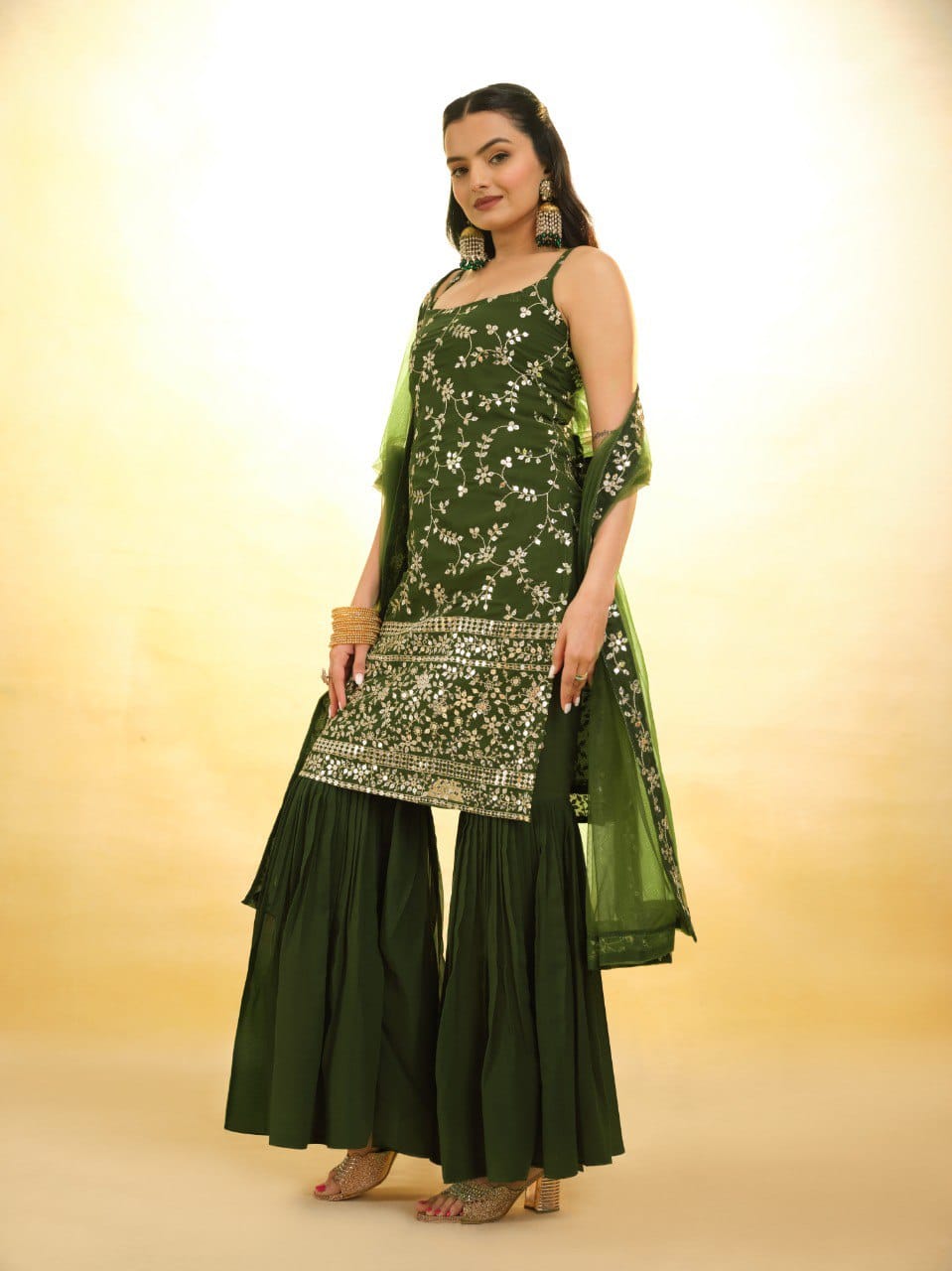 Green georgette sharara suit with dupatta price