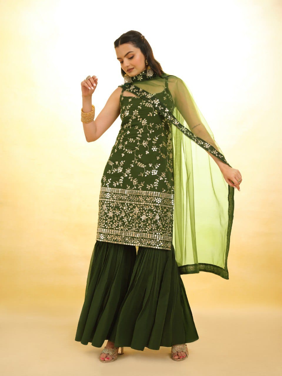 Green color georgette sharara suit with dupatta