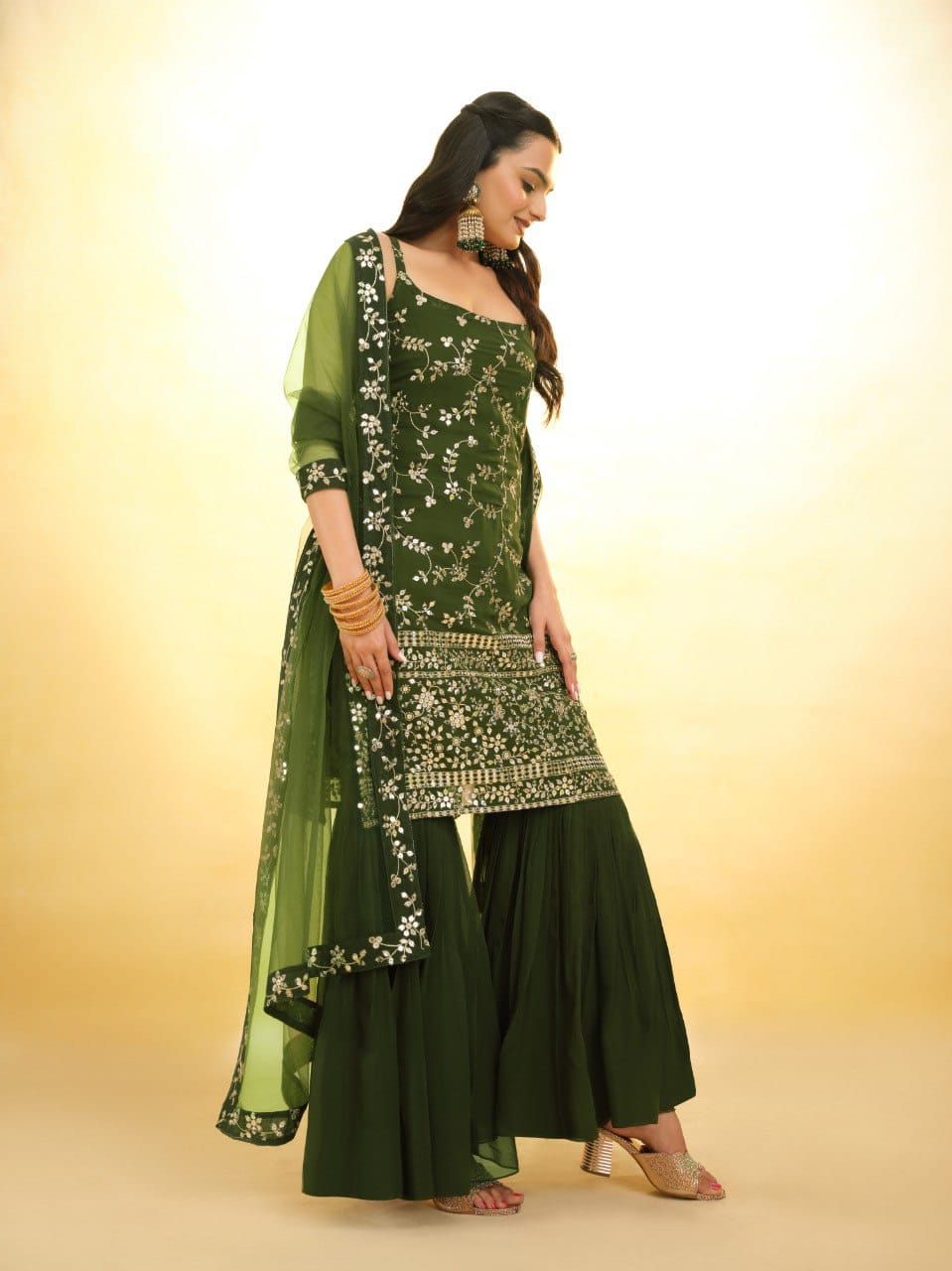 Green color georgette sharara suit with dupatta online
