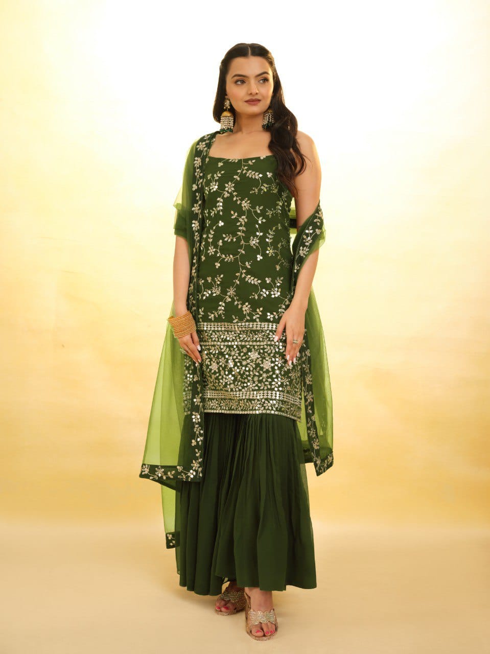 Green color georgette sharara suit with dupatta online