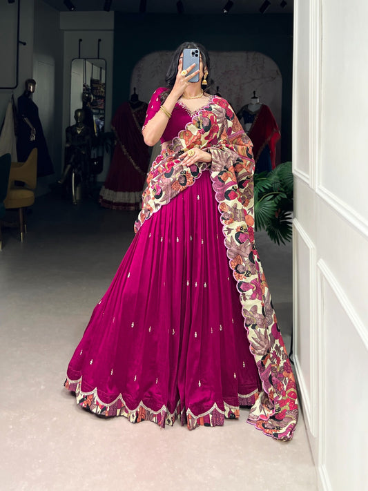 Pink color vichitra silk lehenga choli for wedding