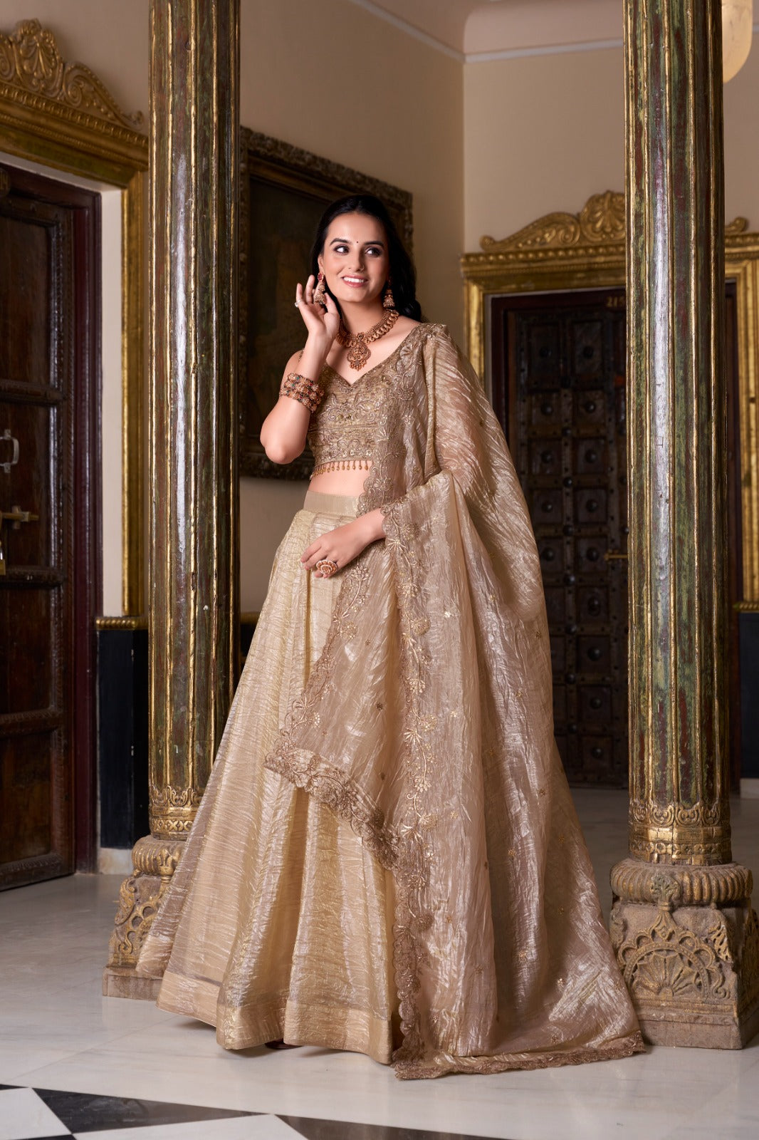 Chiku color gold crush lehenga choli with online shopping