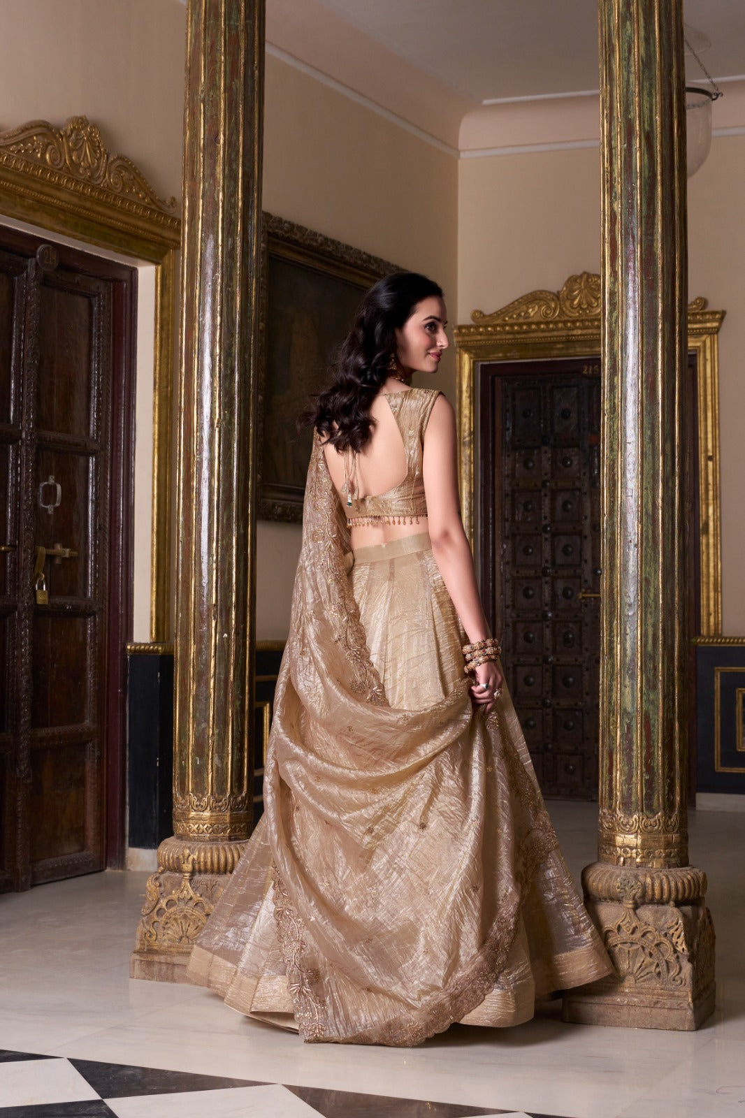 Chiku color gold crush lehenga choli with price