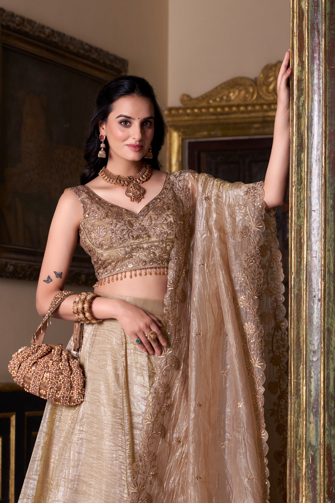 Chiku color gold crush lehenga choli images