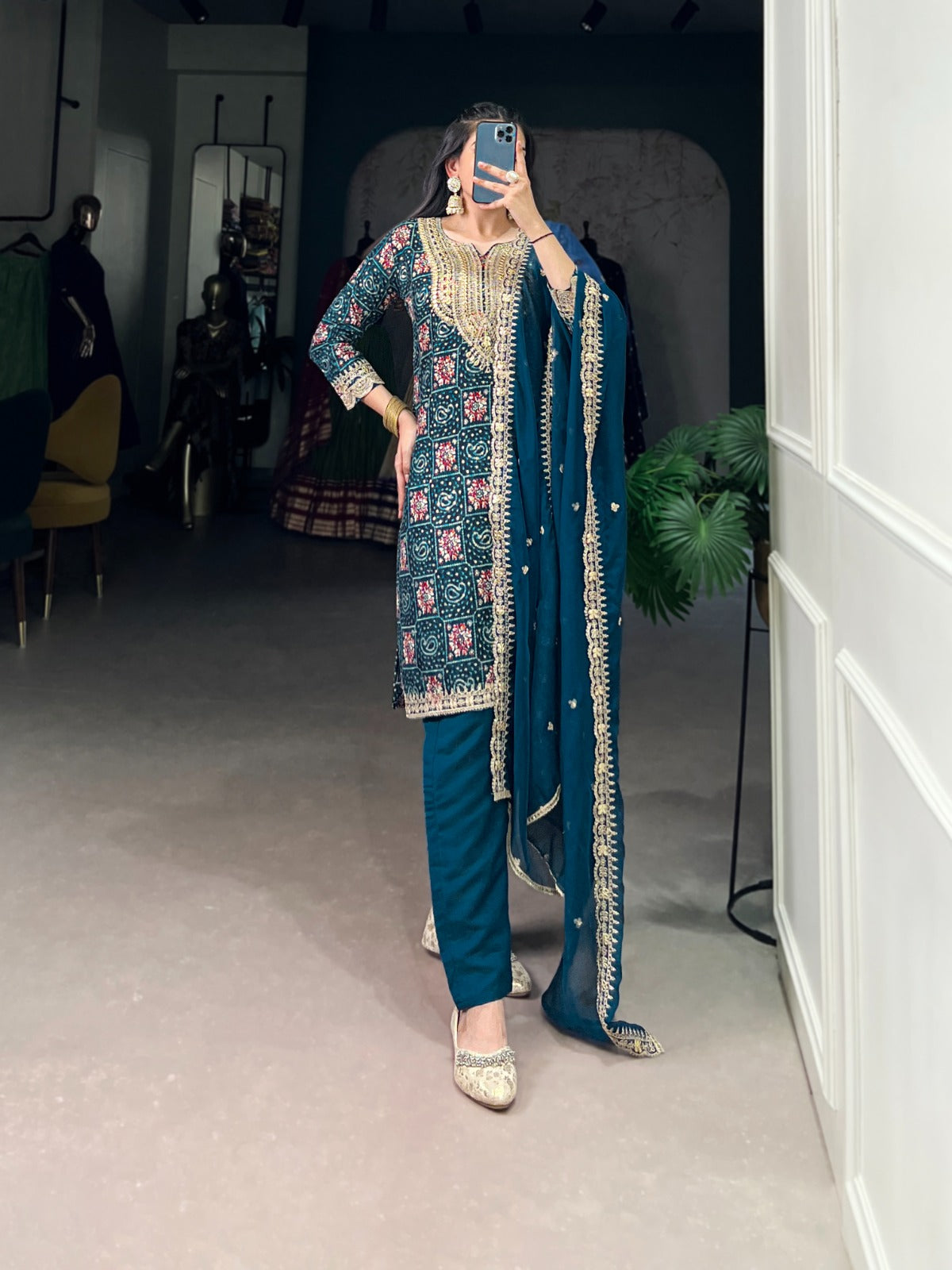 Teal color rayon salwar suit for wedding