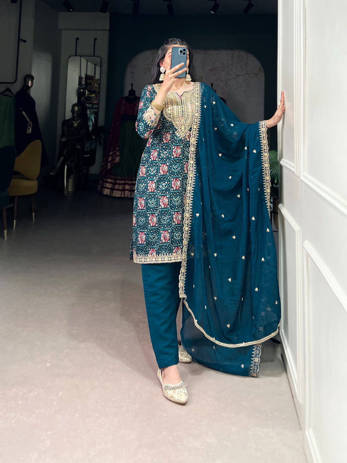 Teal color rayon salwar suit with dupatta online