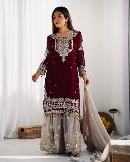 Maroon color georgette sharara suit with dupatta