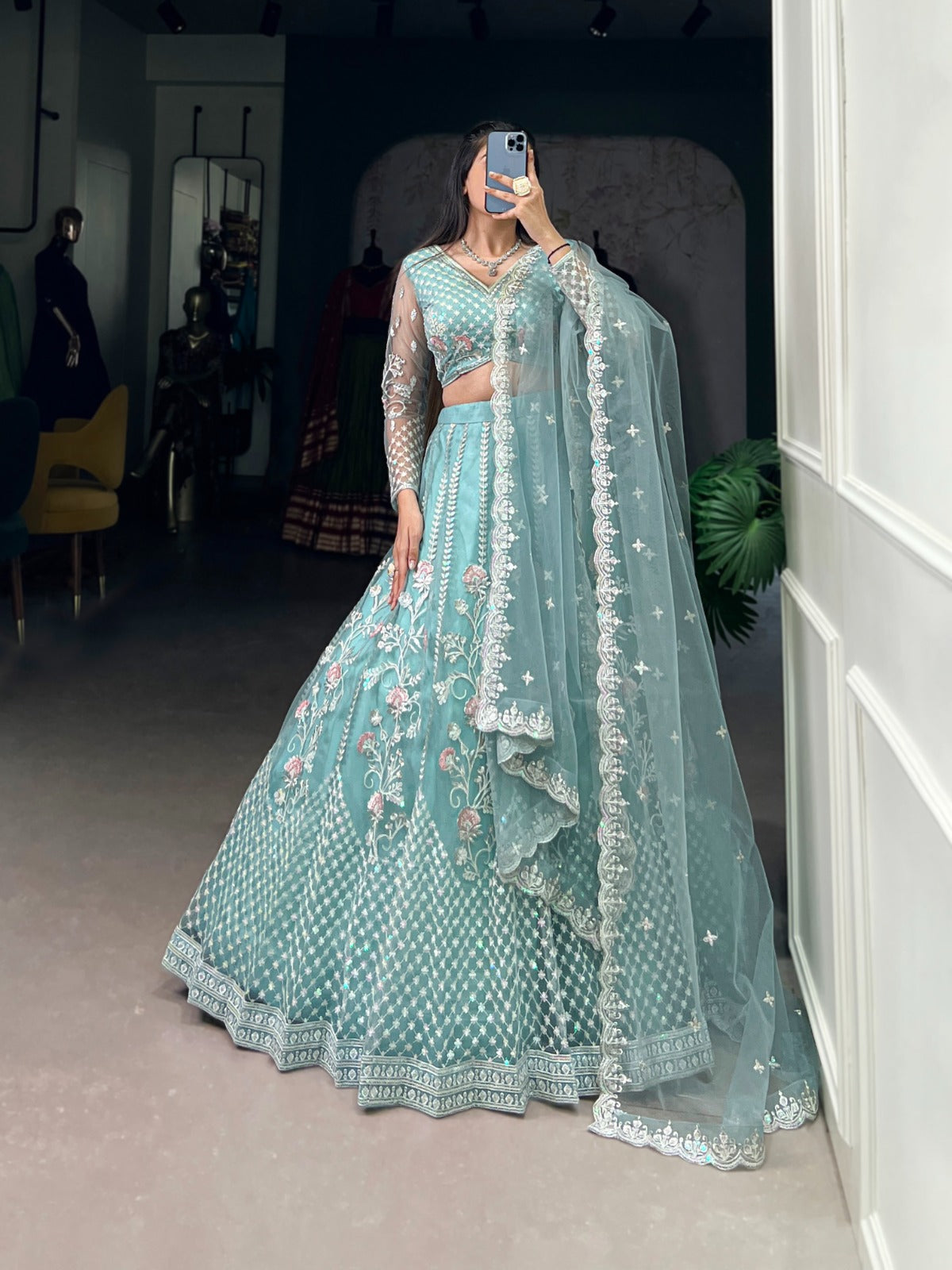 Sky blue color net lehenga choli for women