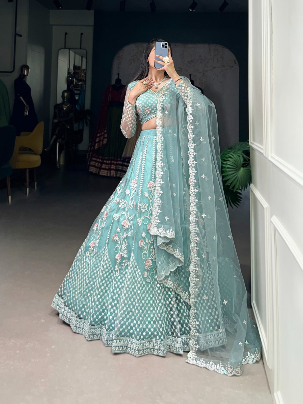 Sky blue color net lehenga choli for wedding