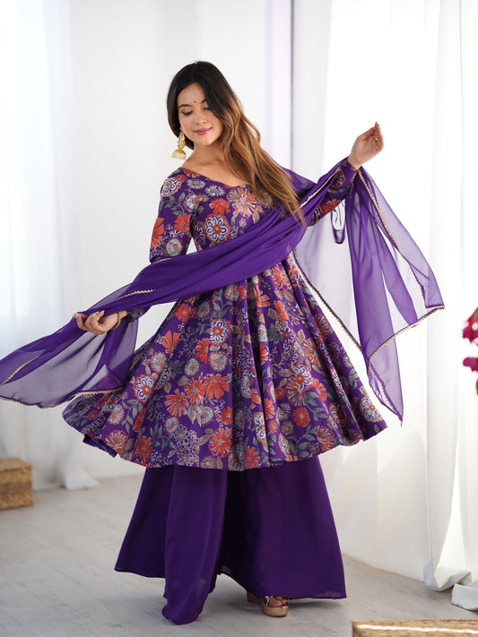 Purple color silk sharara suit for women with dupatta