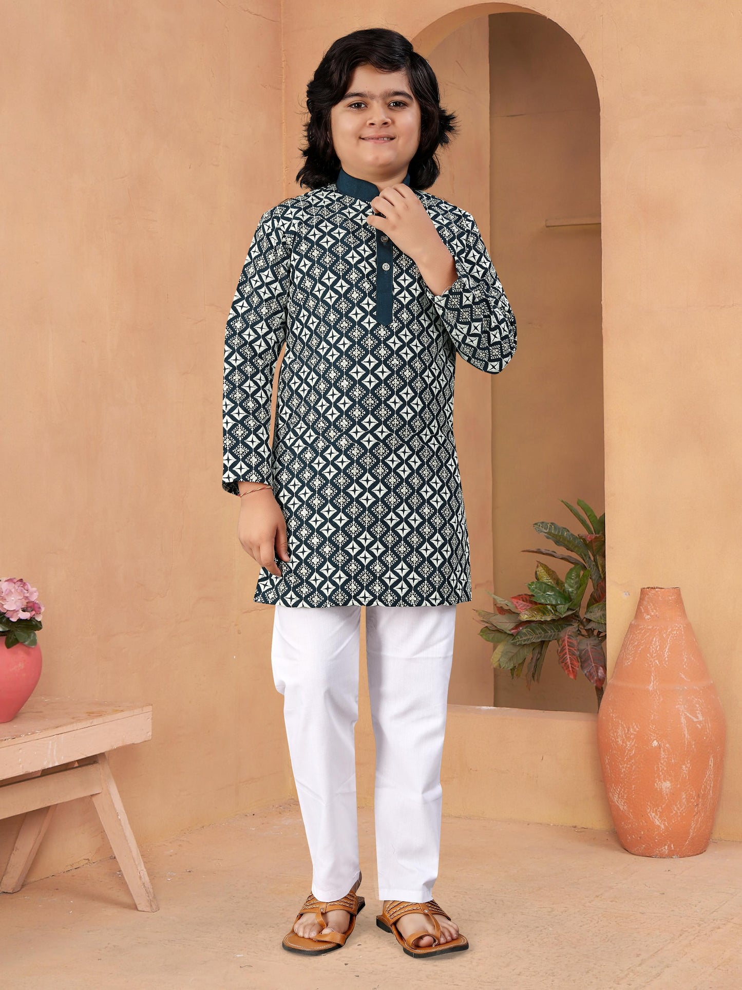 Teal color stylish kids kurta pajama set