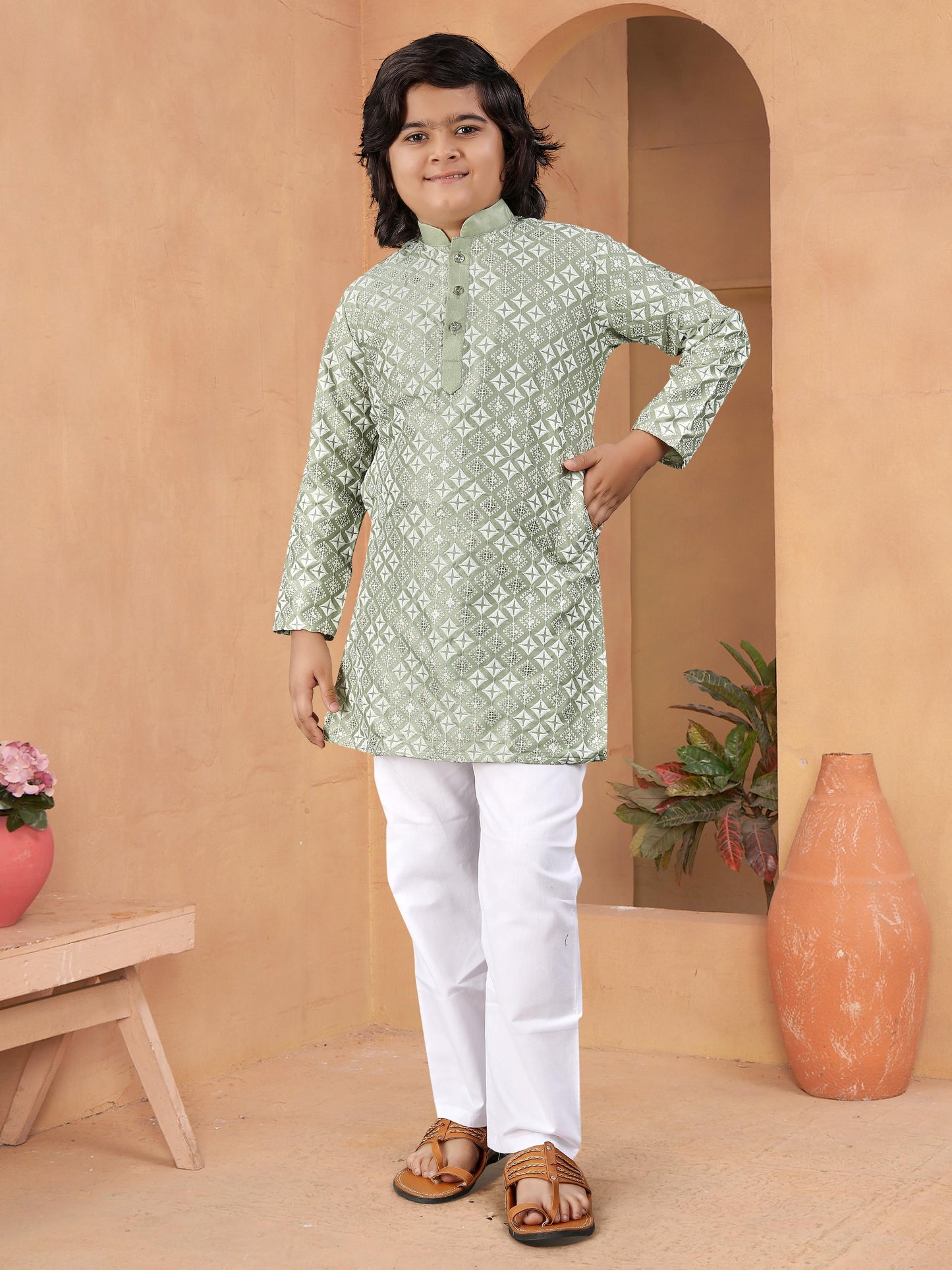 Green color embroidery work kurta