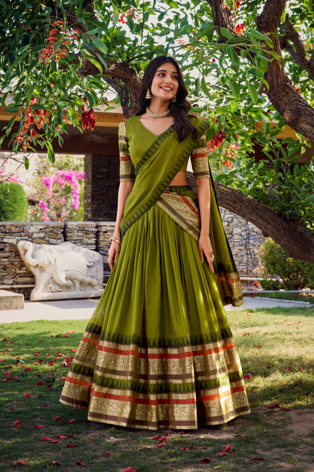 Mehendi color chanderi lehenga choli for women