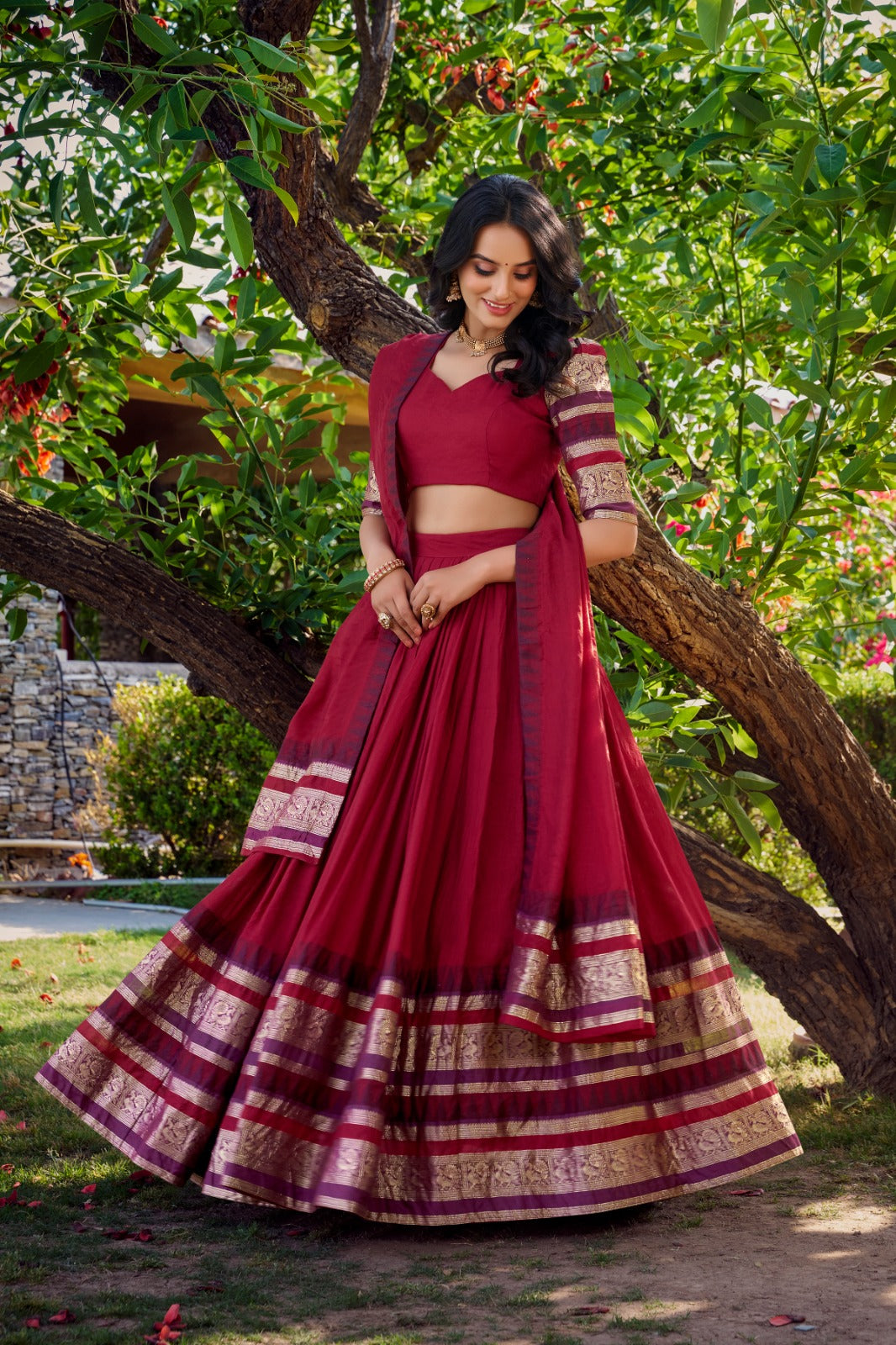 Red color chanderi lehenga choli with dupatta online
