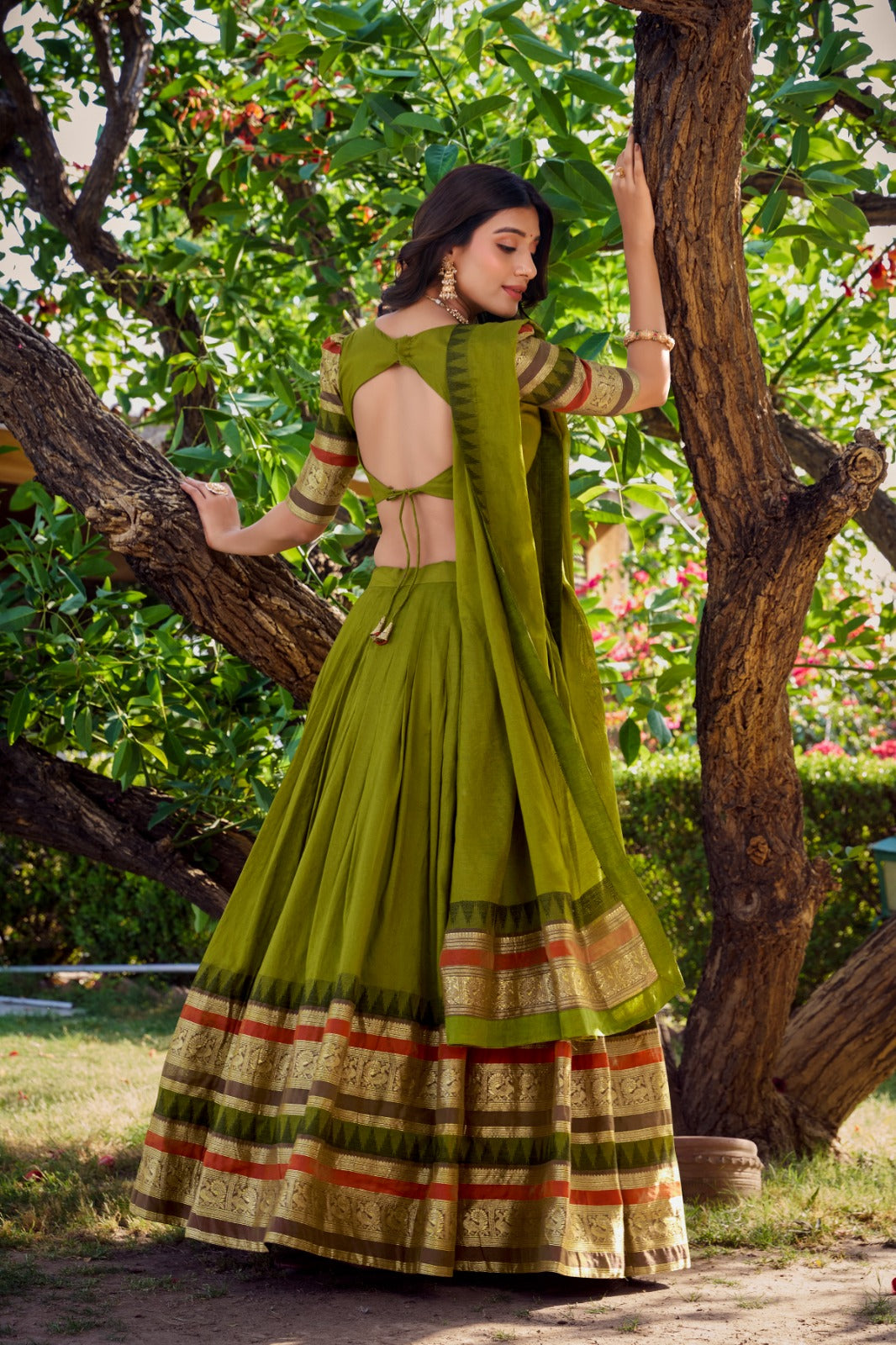 Mehendi color chanderi lehenga choli with dupatta images