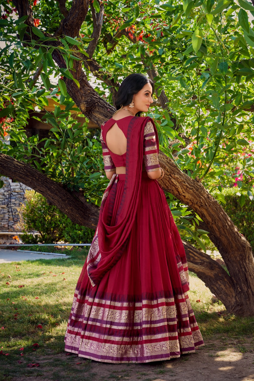Red color chanderi lehenga choli with dupatta online shopping