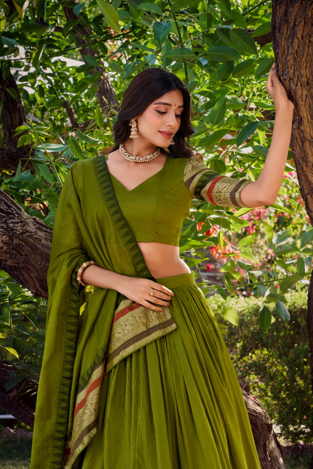Mehendi color chanderi lehenga choli with dupatta price