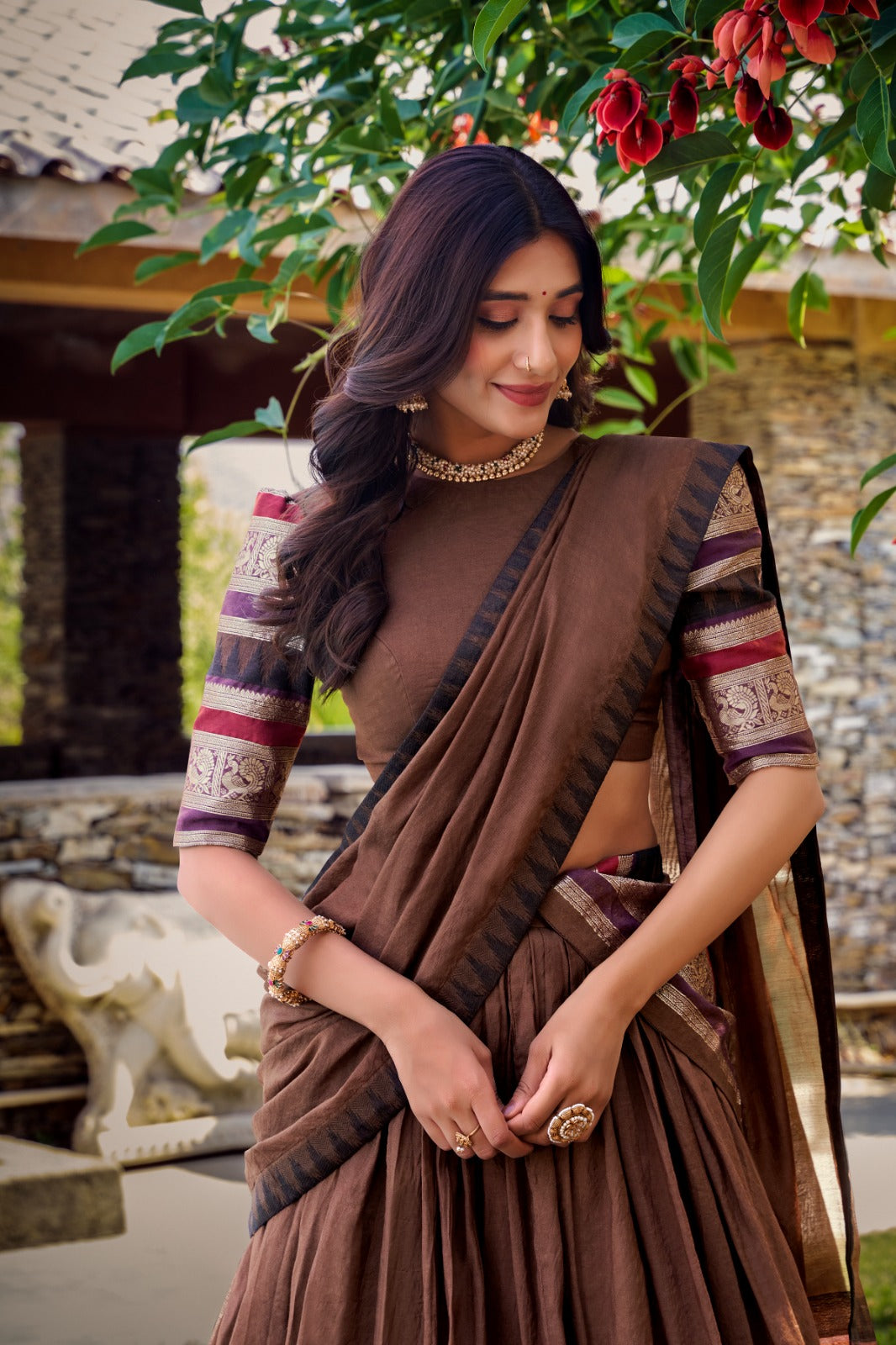 Brown color chanderi lehenga choli with dupatta online
