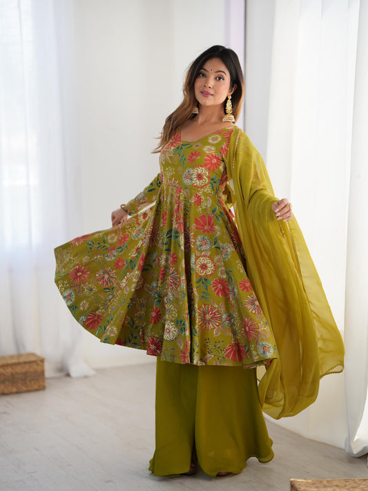 Green roman silk chanderi sharara suit for party