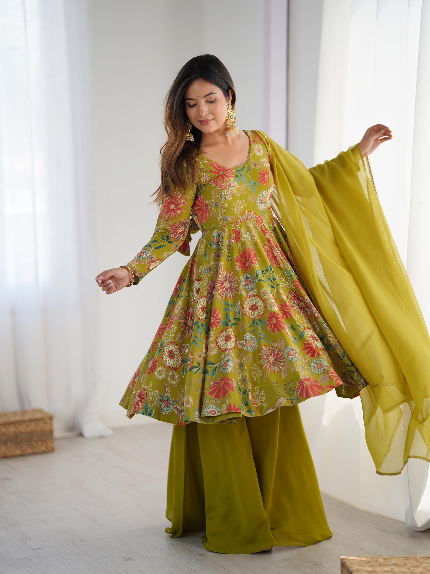 Green color roman silk chanderi sharara suit images